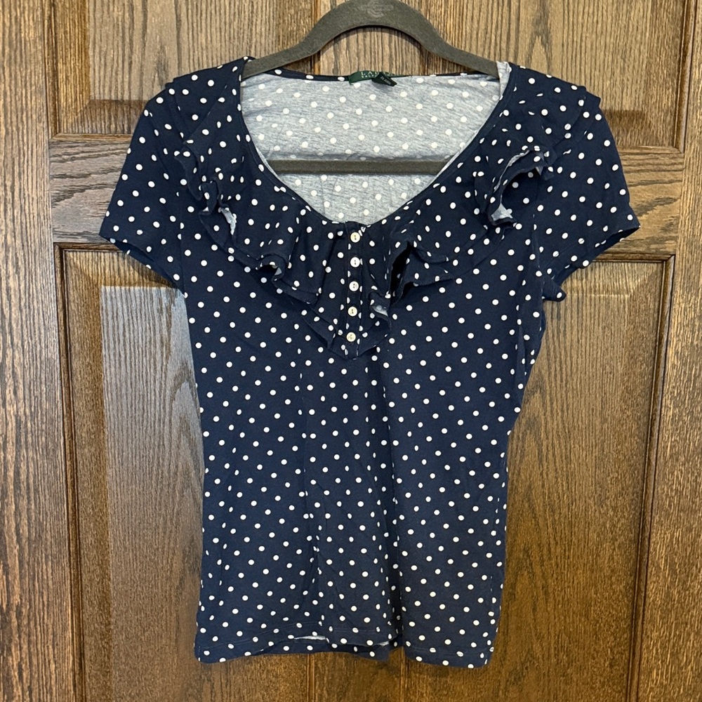 Ralph Lauren Navy Polka Dot Ruffle Top Size Medium 100% Cotton